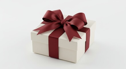 Obraz premium A white gift box with a burgundy ribbon bow isolated on white background