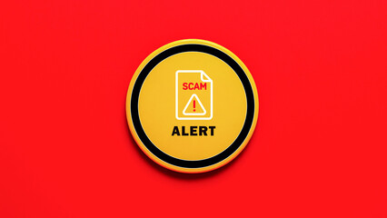 Round yellow badge with exclamation mark inside speech bubble and scam text placed on a bold red background ideal for warning sign internet fraud caution security threat or anti scam business concept 
