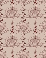Seamless pattern Hand drawn linear illustration of a protea flower in brown ink on a beige background. Elegant botanical sketch in minimal vintage style. Perfect for floral prints, packaging, fabric