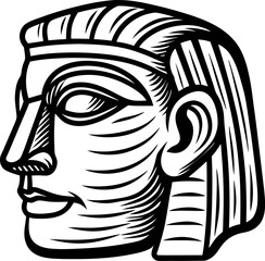 Ancient stylized male face illustration with long hair and bold lines in vintage engraving