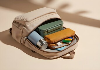 Backpack with lunchbox, thermos, and stationery items, representing preparation for school, university, or daily commute