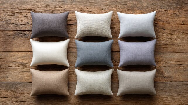 Collection of neutral-colored pillows arranged neatly on wooden floor for cozy styling