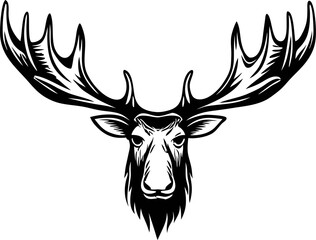 majestic moose head with large antlers in vintage black and white engraving illustration