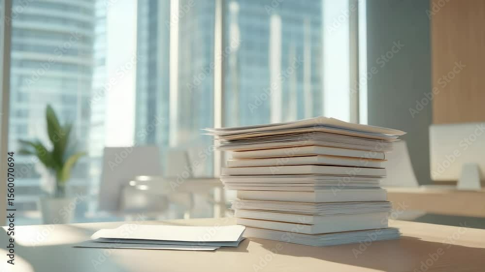 Aufkleber stack of paperwork and books is sitting on a desk in a modern office building, representing administ