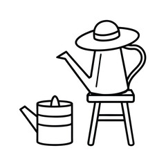 Sunhat on garden stool beside a watering container Vector illustration