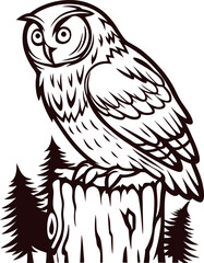 Obraz premium Hand drawn owl perched on tree stump surrounded by pine trees vintage woodland engraving illustration