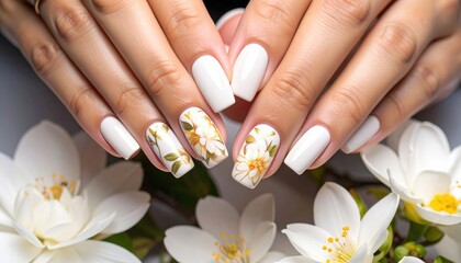 Elegant White Nails With Gold Floral Design