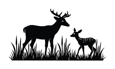 Silhouette of Deer and Fawn in Tall Grass Black and White Wildlife Illustration