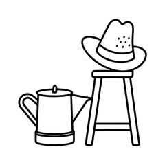 Gardening hat placed over stool near watering can Vector illustration