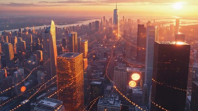 Bitcoin tokens materializing along glowing trails in city skyline at sunset, showing currency flow