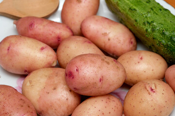 Freshly harvested potatoes and cucumber ready for cooking
