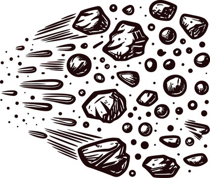 Hand drawn group of meteoroids flying through space with rocks, debris, and asteroid particles illustration