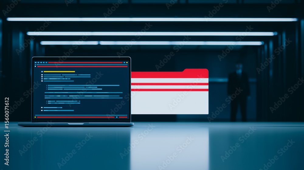 Poster cybersecurity expert at work: a laptop displaying lines of code sits on a reflective surface in a mo