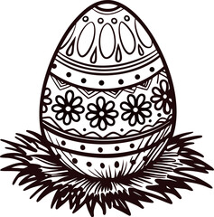 Intricate decorated easter egg with floral patterns resting on grass, hand drawn black and white illustration