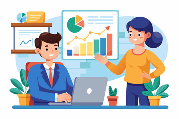 Business Team Meeting and Presentation – Modern Office Vector Illustration