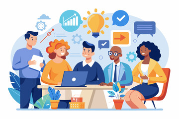 Business Team Meeting and Presentation – Modern Office Vector Illustration