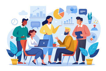 Business Team Meeting and Presentation – Modern Office Vector Illustration