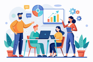 Business Team Meeting and Presentation – Modern Office Vector Illustration