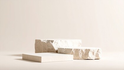Minimalist display of three white marble blocks with smooth and rough textures on a neutral background, highlighting natural stone beauty and geometric shapes.
