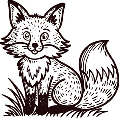 Fototapeta premium Hand drawn smiling fox sitting on grass black and white vintage engraved wildlife illustration