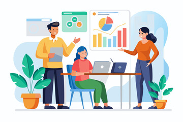 Business Team Meeting and Presentation – Modern Office Vector Illustration