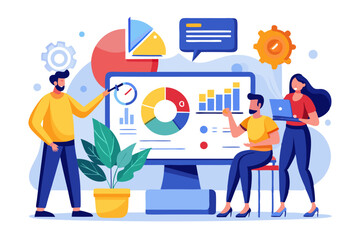 Business Team Meeting and Presentation – Modern Office Vector Illustration