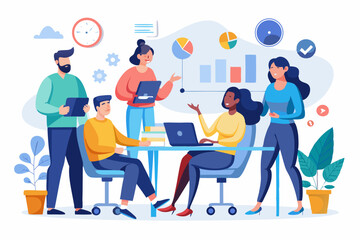 Business Team Meeting and Presentation – Modern Office Vector Illustration