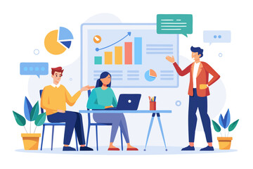Business Team Meeting and Presentation – Modern Office Vector Illustration