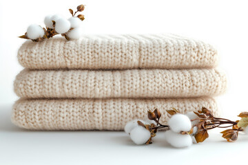 Stack of soft beige knitted wool blankets with cotton branches on top