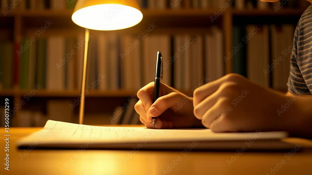 Poster close up of a pupil's hands writing in a notebook, illuminated by the warm glow of a desk lamp, with
