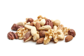 A pile of mixed nuts, including pecans, walnuts, almonds, cashews, Brazil nuts, and hazelnuts,...