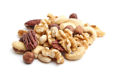 A selection of mixed nuts, including walnuts, pecans, cashews, hazelnuts, almonds, and Brazil nuts, arranged on a white background to highlight textures