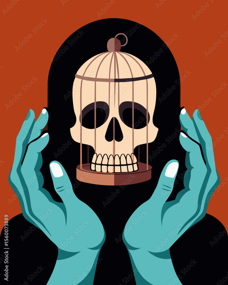 Poster a pair of hands gripping a skull with a cage around it representing the struggle to break free from 