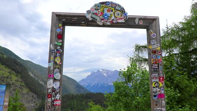 Zugspitze viewpoint photo frame mountain alpine landscape Alps Tyrol Austria.