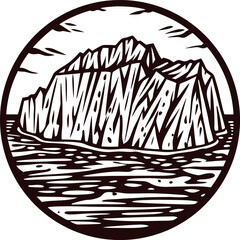 Engraved iceberg illustration with sharp geometric shapes rising from arctic water, circular vintage design