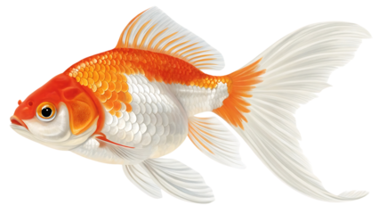 Beautiful orange and white goldfish swimming gracefully isolated on transparent background