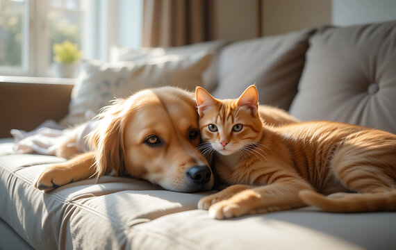 Golden Retriever and orange tabby cat lying together on cozy sofa in sunlit home