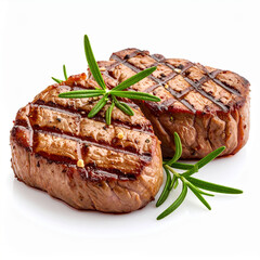 two pieces of cooked beef sit side by side on a solid surface. each cut is thick and cylindrical, displaying dark grill marks across the top