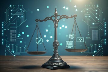 A digital representation of balanced scales symbolizes justice and law, set against a backdrop of glowing data and technological elements. AI