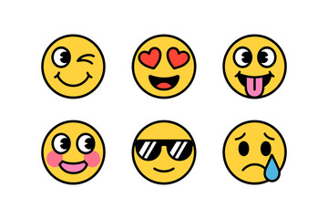 Fototapeta premium Cute Emoji Expressions Vector Icon Set - Happy Sad Playful Emoticons