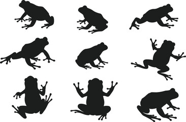 Frog silhouette collection, black amphibian vector, diverse pose artwork, nature animal design, wildlife illustration icons, jumping and sitting frogs, isolated graphic elements