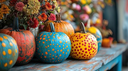 Artistic expression of hand-painted colorful pumpkins at a vibrant fall craft table scene. 