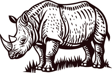 Fototapeta premium Vintage engraved drawing of a rhinoceros standing on the ground