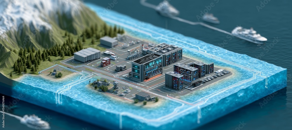 Poster a modern oceanfront data storage facility with advanced technology for secure data management
