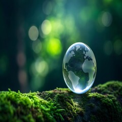 Clear glass sphere with earth continents resting on mossy surface globe