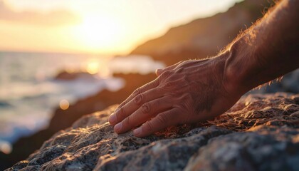 Man Hand Touching Rock At Sunset Coastline