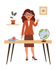 Friendly teacher greeting in a colorful classroom with a globe, plant, and learning materials. Flat style vector illustration. Cartoon character