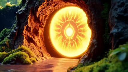 Explore a foggy forest where a magical portal glows with mystery and wonder. Fairy tale storybook