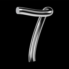 Glossy chrome number 7 in metallic 3D style with silver tube texture and retro futuristic Y2k design. Isolated shiny numeral seven