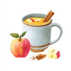 Watercolor Apple Cider Mug with Apple and Cinnamon